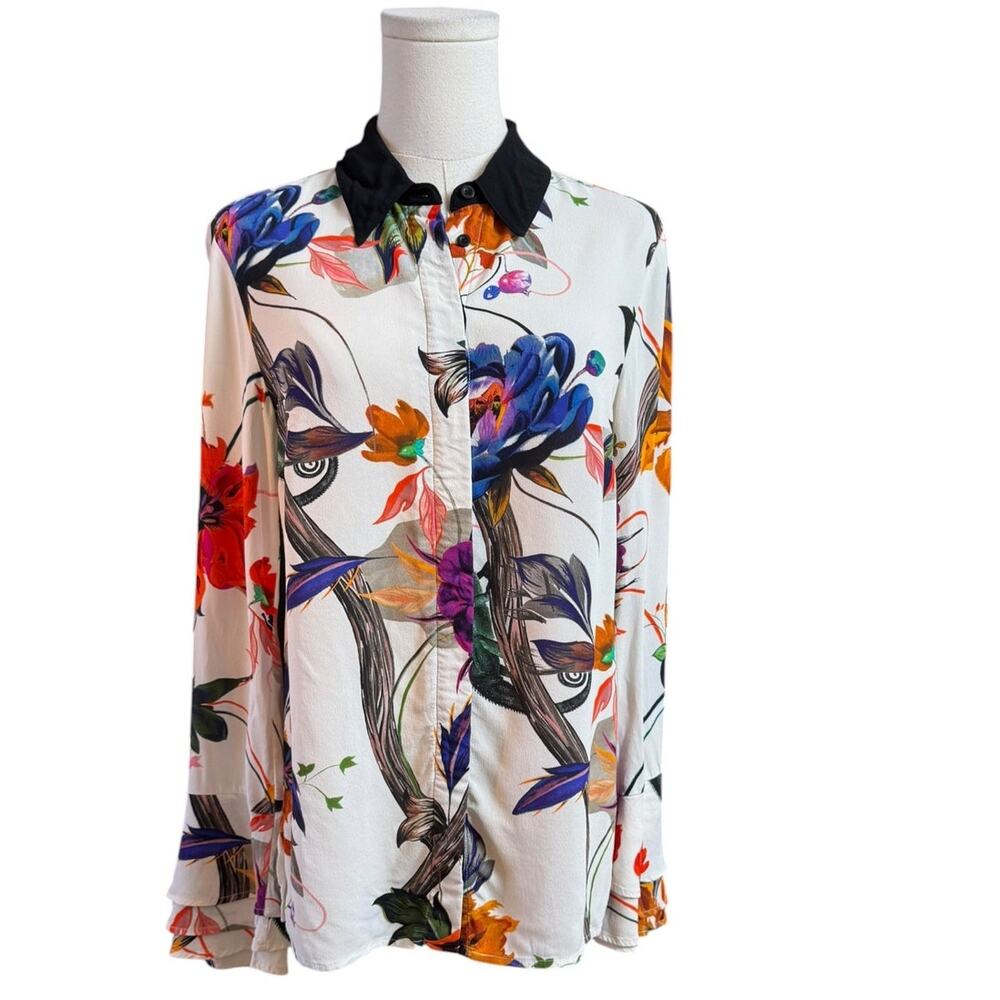 REISS Lupa Blouse US 6 Floral Botanical Print 100% Viscose Black Collar - Picture 7 of 12